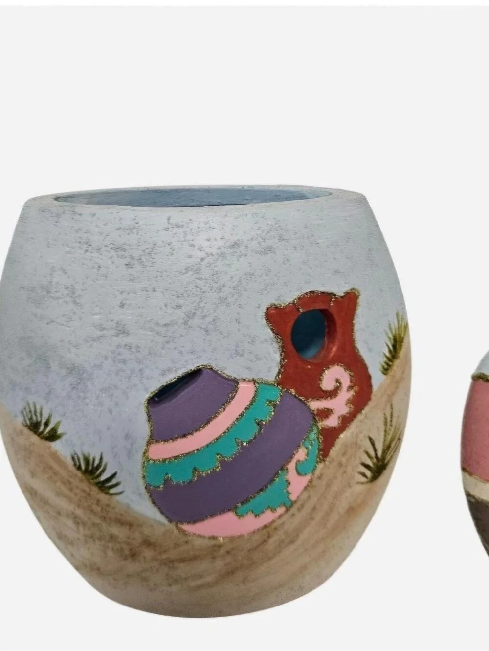 Handmade ceramic vase set with desert scene featuring cactus and sand dunes